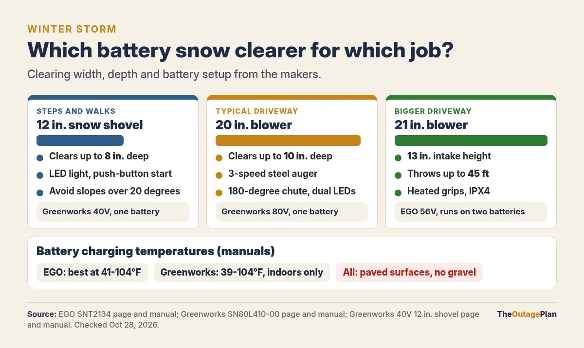Which battery snow clearer for which snow. A 12-inch snow shovel for steps, decks and walks with up to 8 inches of snow (Greenworks 40V). A 20-inch single-stage blower for driveways with up to 10 inches (Greenworks 80V, three auger speeds, LED lights). A 21-inch single-stage blower for bigger driveways with a 13-inch intake height and up to 45 feet of throw (EGO SNT2134, two 56V batteries, heated grips, IPX4). Below, the battery temperature ranges from the manuals: EGO charges best between 41 and 104 degrees F; Greenworks charges between 39 and 104 degrees F.
