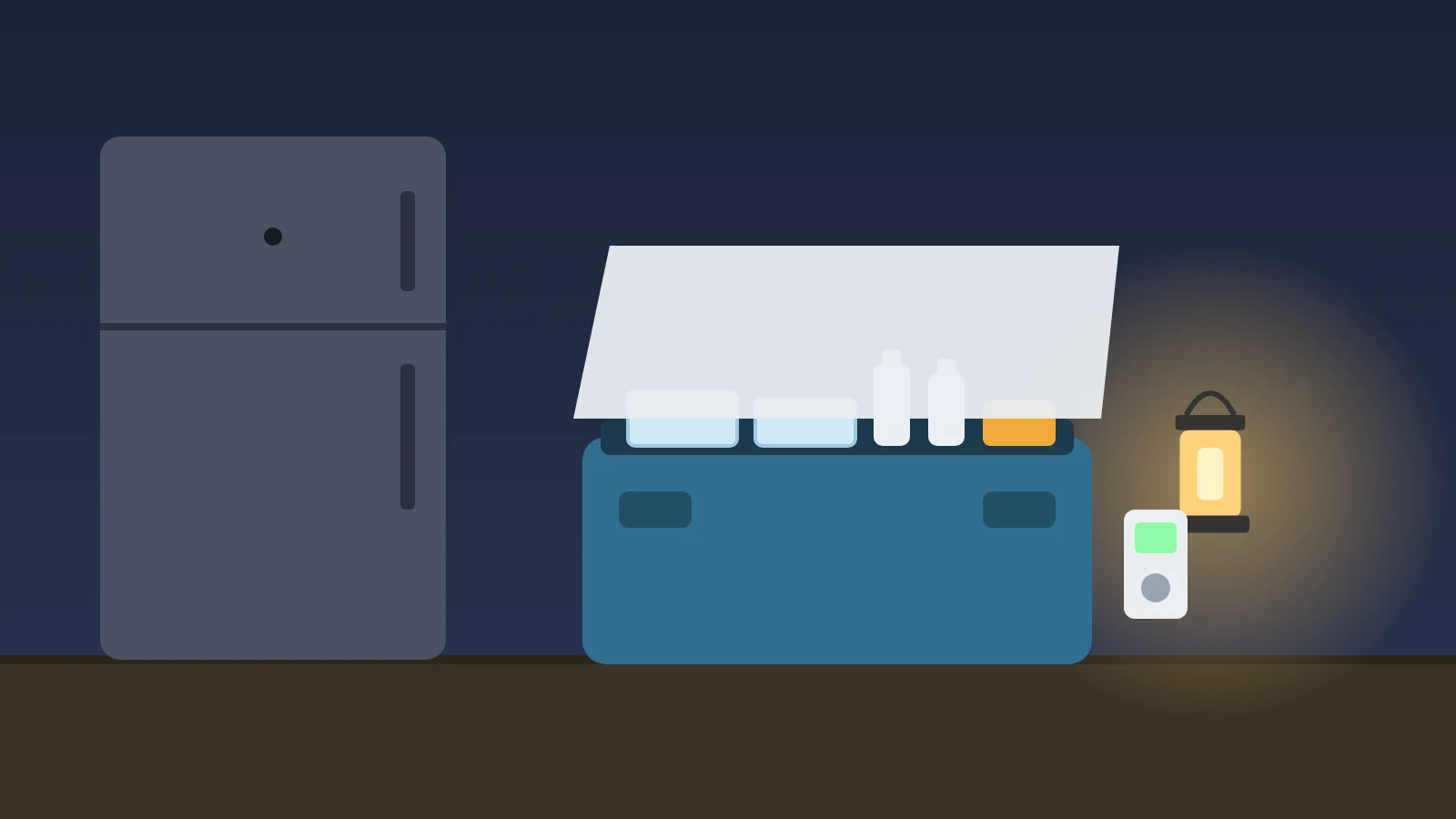 Illustration: a dark kitchen during a power outage with the refrigerator off and an open cooler beside it packed with block ice and bottles, lit by a battery lantern, with a small thermometer nearby