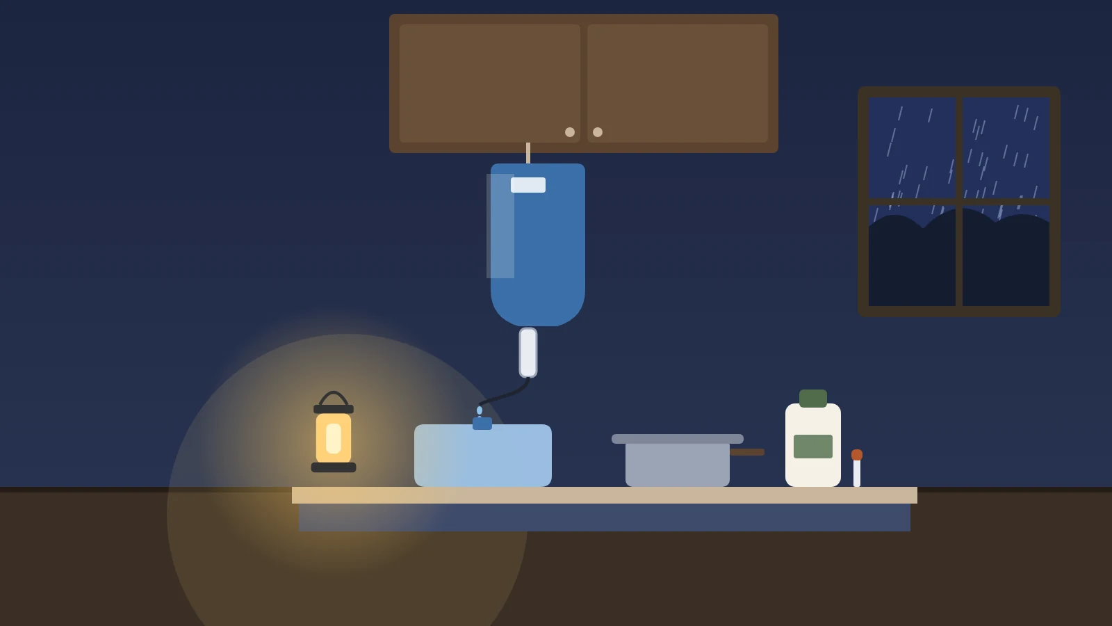 Illustration: a kitchen during a power outage, with a gravity water filter bag hanging from a cabinet door and dripping into a clean water storage bag on the counter, next to a pot, a jug of unscented bleach and a dropper, and a battery lantern lighting the room
