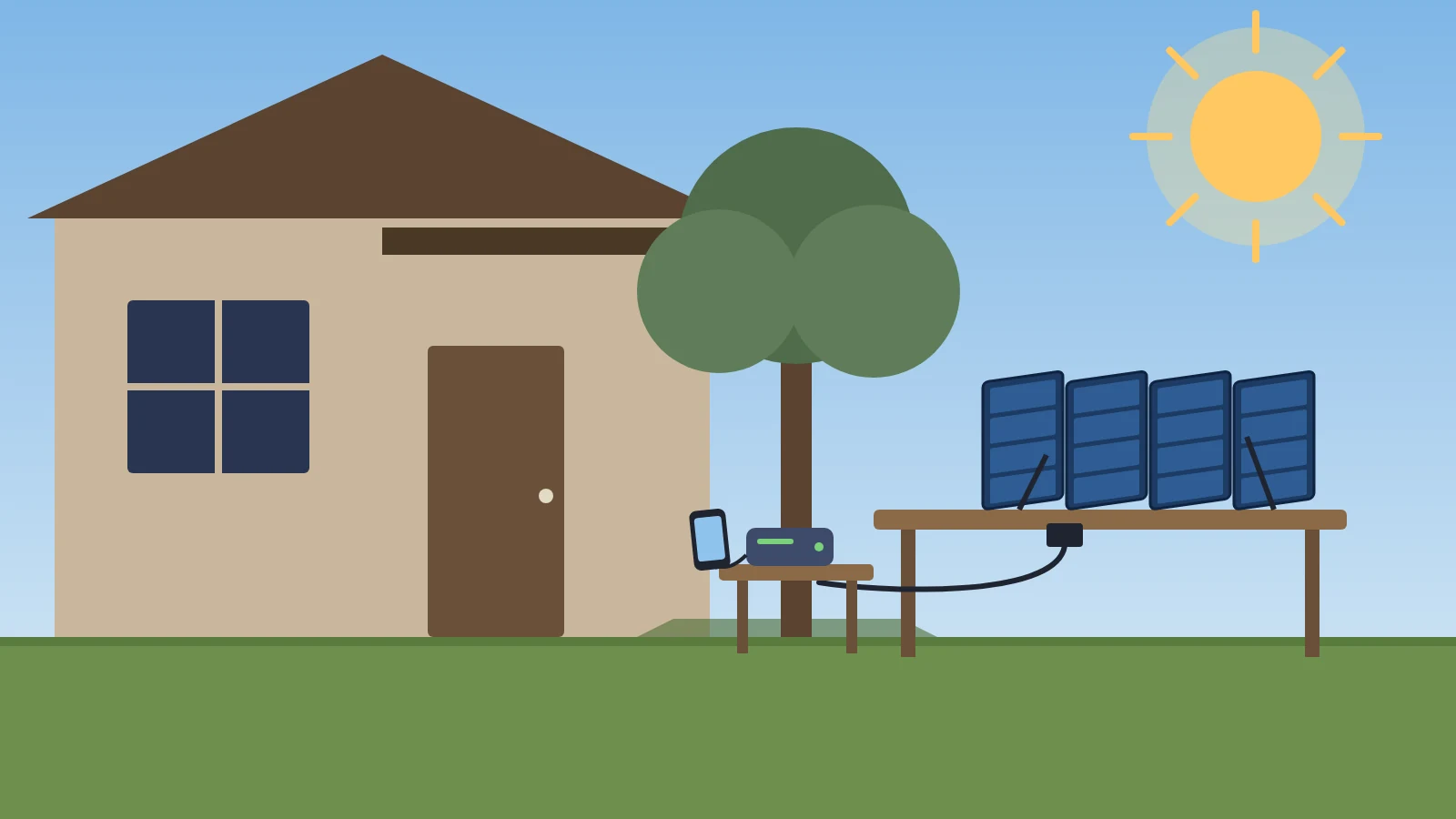 Illustration: a sunny day during a power outage, with a four-panel folding solar charger propped on a backyard table facing the sun and a cable running to a power bank and phone resting in the shade of a tree beside a dark house