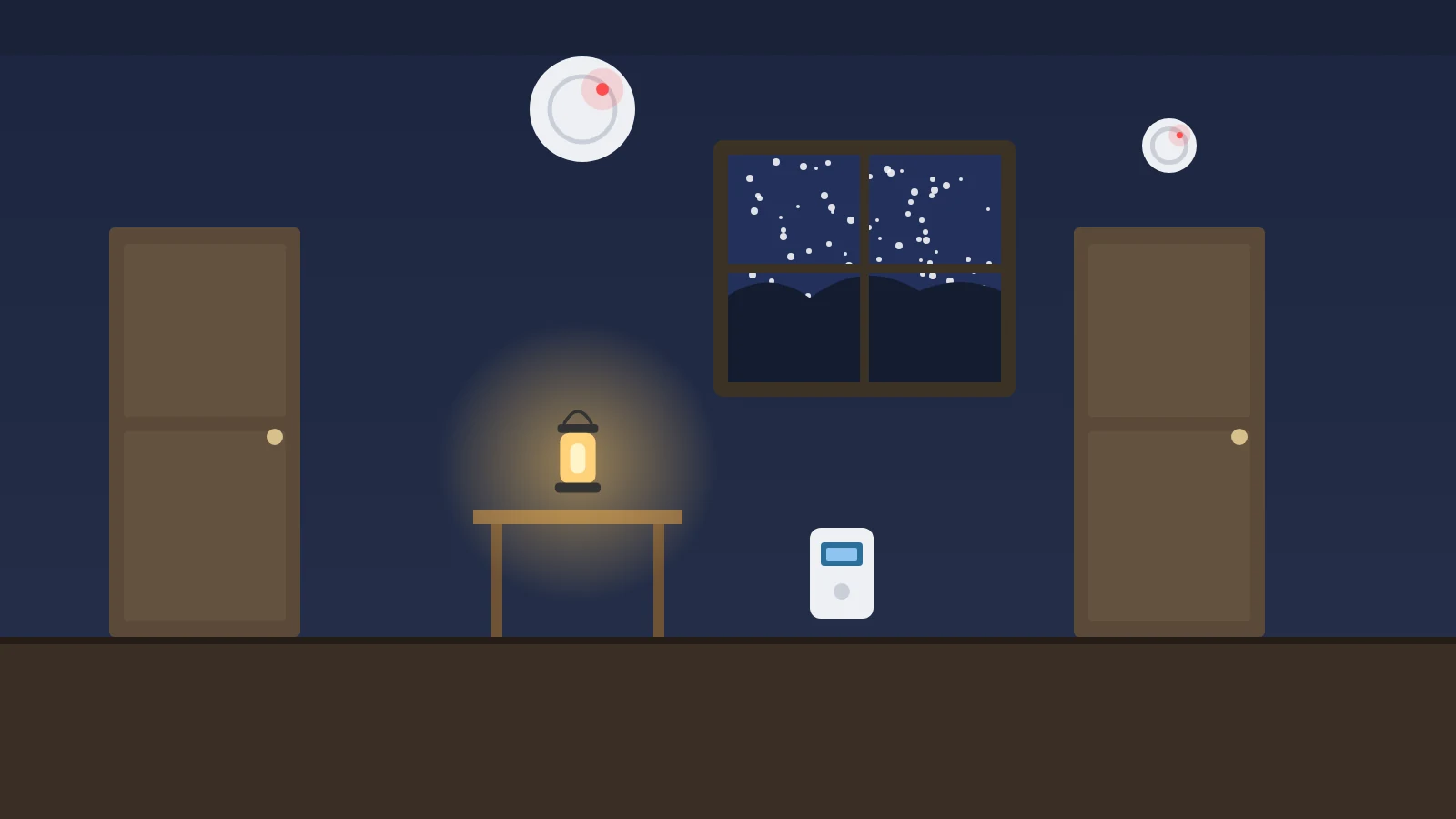 Illustration: an upstairs hallway at night during a winter power outage, with two bedroom doors, a round smoke and carbon monoxide alarm on the ceiling, a plug-in carbon monoxide alarm with a small display at a wall outlet, a battery lantern on a side table and snow falling outside the window
