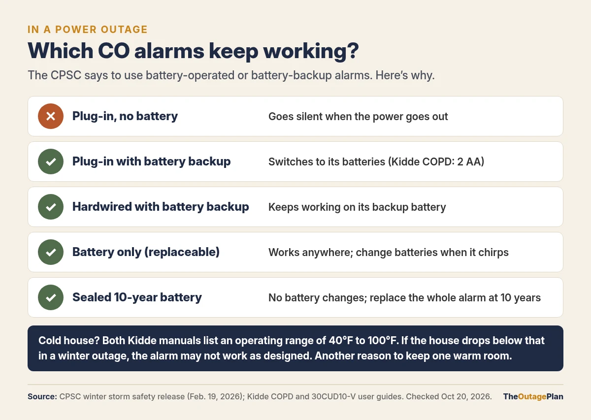 Which carbon monoxide alarms keep working in a power outage: a plug-in alarm with no battery goes silent; plug-in alarms with battery backup, such as the Kidde COPD with 2 AA batteries, hardwired alarms with battery backup, battery-only alarms and sealed 10-year battery alarms keep working. Both Kidde manuals list an operating range of 40°F to 100°F, so a house that gets colder than that in a winter outage may keep the alarm from working as designed