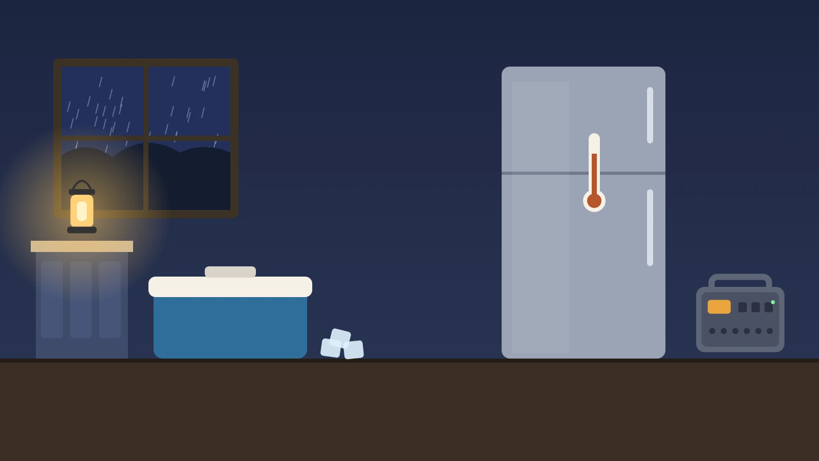 Illustration: a dark kitchen during a rainstorm with a refrigerator thermometer, a cooler with ice, a lantern, and a portable power station