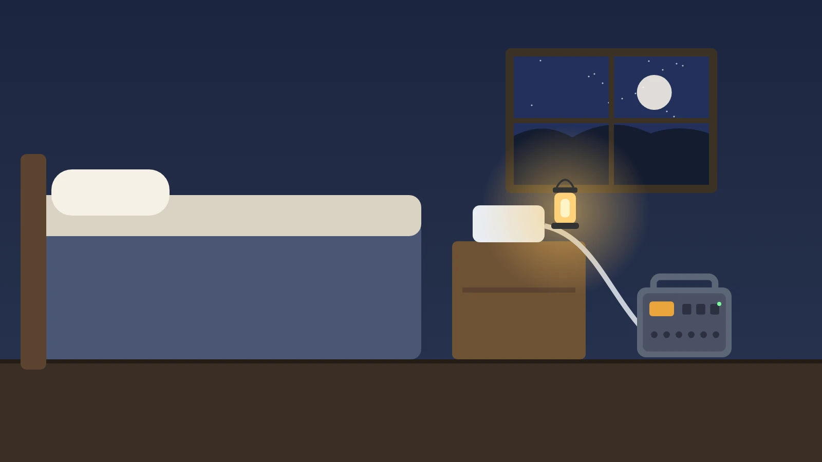 Illustration: a bedroom at night with a sleep therapy machine on the nightstand powered by a portable power station on the floor
