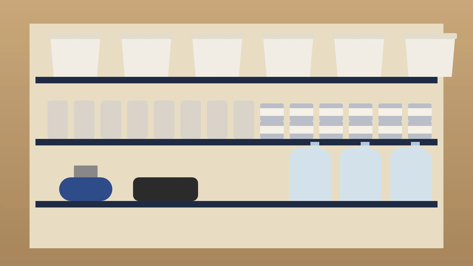 Illustration: a pantry shelf with emergency food buckets, food pouches, canned goods, water jugs, and a camp stove