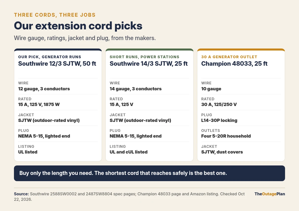 Three extension cords compared from maker specs: our pick, the Southwire 12/3 SJTW 50 ft cord, 12 gauge, 15 amps, 125 volts, UL listed; the Southwire 14/3 SJTW 25 ft cord, 14 gauge, 15 amps, UL and cUL listed; and the Champion 48033 25 ft generator cord, 10 gauge, 30 amps, L14-30P locking plug to four 5-20R household outlets