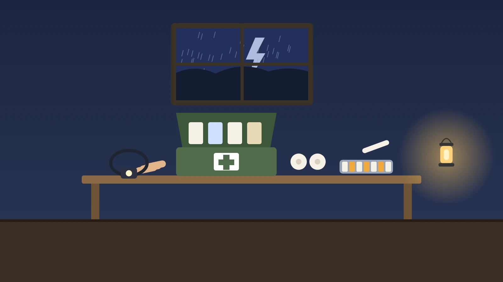 Illustration: a kitchen table at night during a storm with an open first aid kit, gauze rolls, bandages, a pill organizer, a thermometer, a headlamp, and a battery lantern