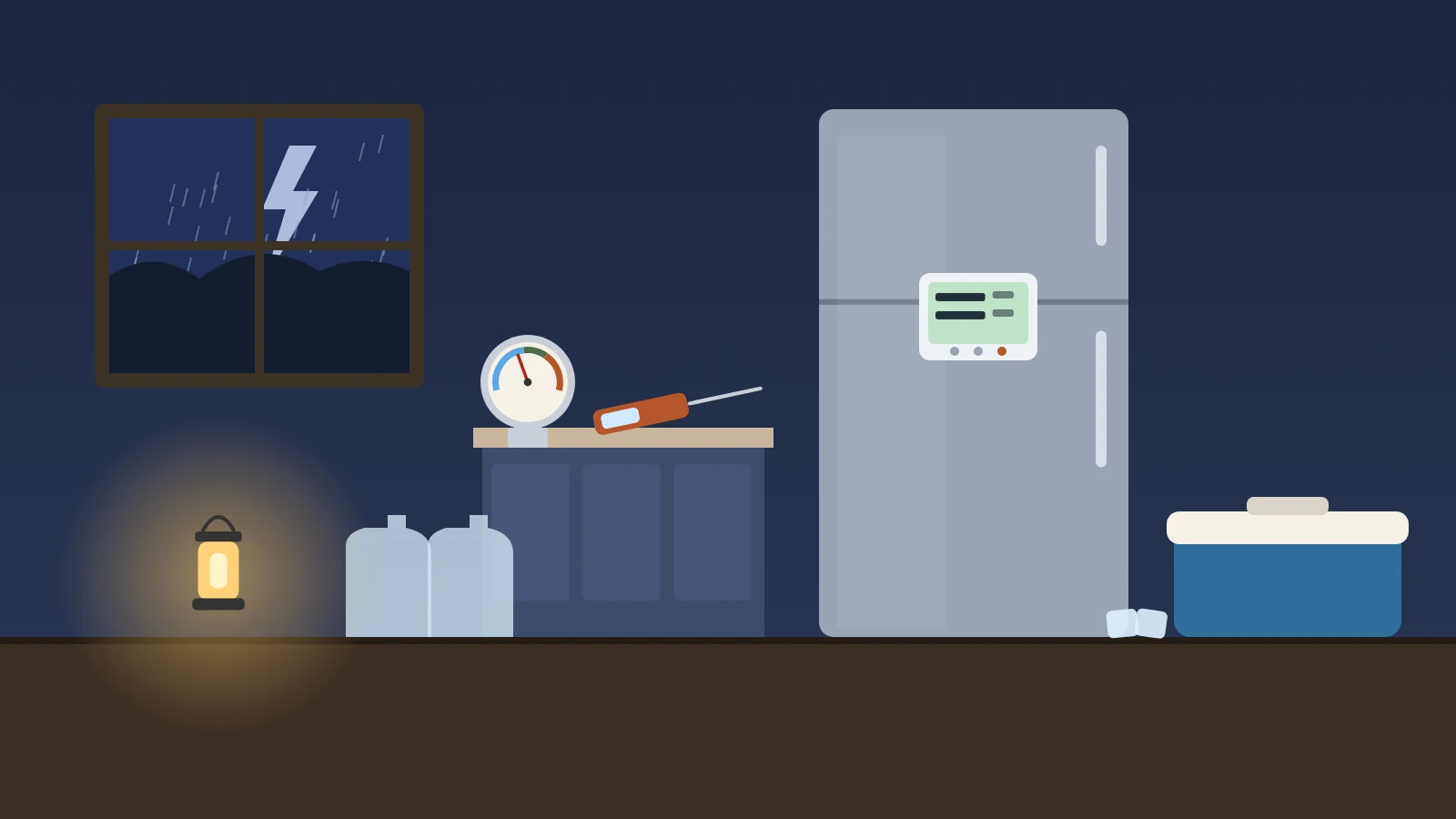 Illustration: a dark kitchen during a thunderstorm with a wireless thermometer display on the refrigerator door, a dial fridge thermometer and an instant-read food thermometer on the counter, a cooler with ice, water jugs and a battery lantern
