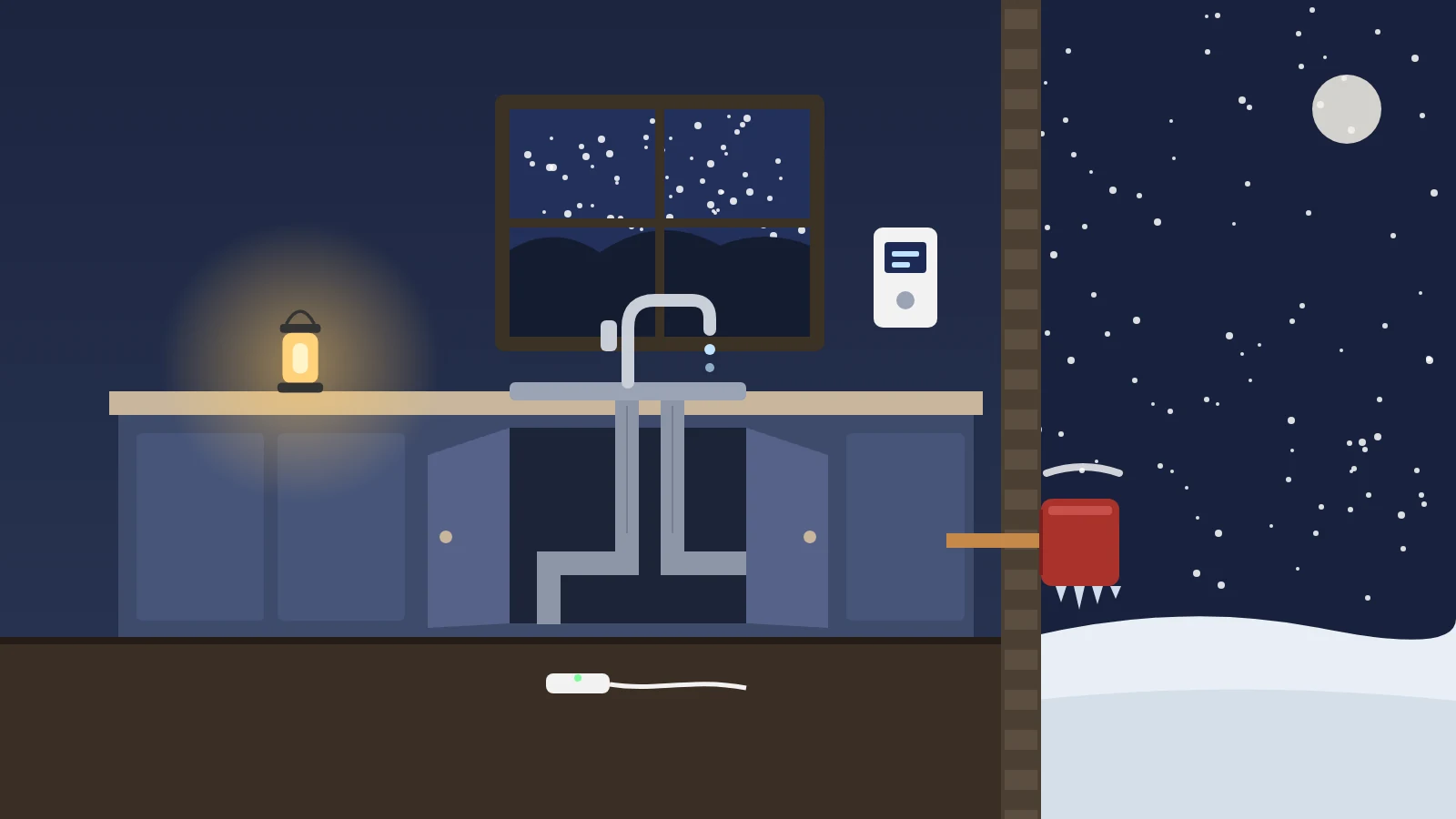 Illustration: a dark kitchen during a snowy winter power outage, lit by a battery lantern, with the sink cabinet doors open to show foam-wrapped pipes, the faucet dripping, a battery thermometer on the wall, a leak alarm on the floor, and an insulated cover on the outdoor faucet outside