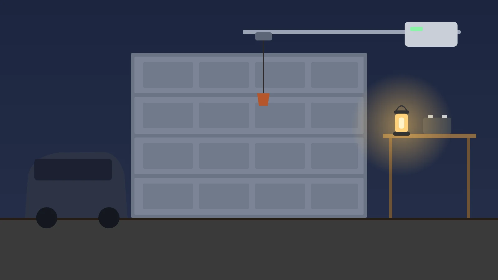 Illustration: a dark garage at night during a power outage, with a closed sectional garage door, a ceiling-mounted opener and rail with the emergency release handle hanging from the trolley, a car parked inside, and a battery lantern and spare opener battery on a shelf