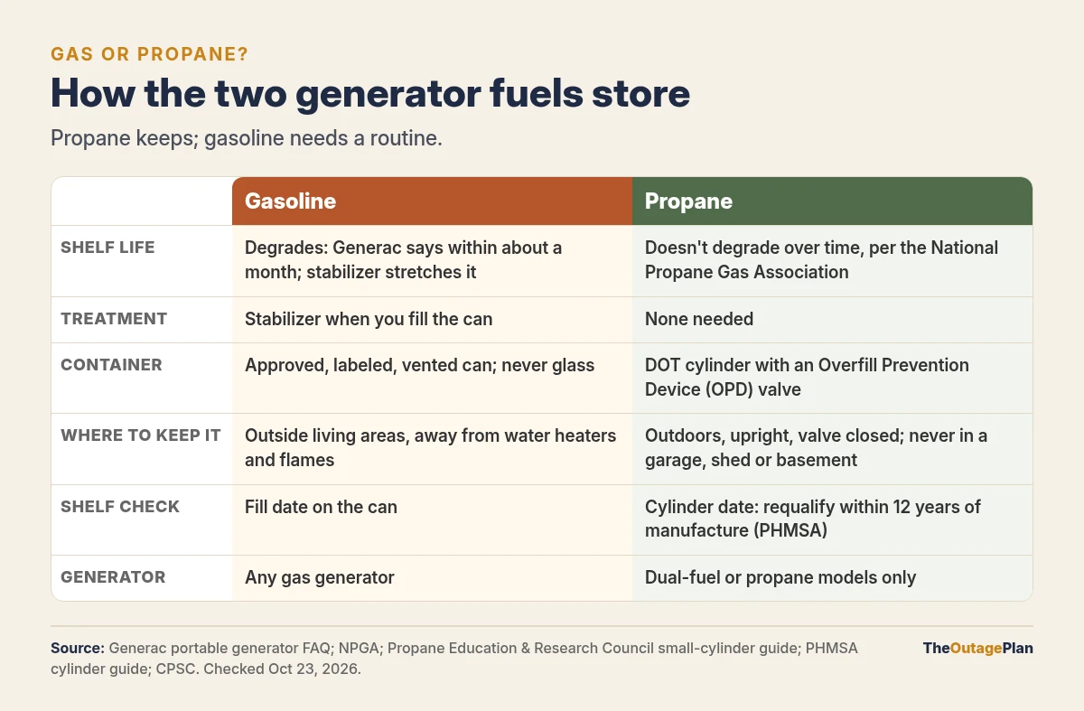 Comparison of storing gasoline and propane for a generator: gasoline degrades and needs stabilizer, an approved labeled vented can and storage outside living areas away from water heaters; propane does not degrade, needs no treatment, lives in a DOT cylinder with an overfill prevention device (OPD) valve stored outdoors and upright, and the cylinder must be requalified within 12 years of manufacture
