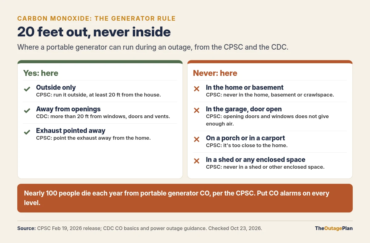 Portable generators are outdoor-only. Yes: outside at least 20 feet from the house per the CPSC, more than 20 feet from windows, doors and vents per the CDC, exhaust pointed away. Never: in the home, basement or crawlspace, in the garage even with the door open, on a porch or in a carport, or in a shed or other enclosed space