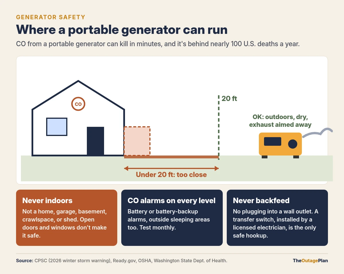 Diagram: run a portable generator outdoors at least 20 feet from the house with the exhaust aimed away, never indoors, with CO alarms on every level and no backfeeding through a wall outlet