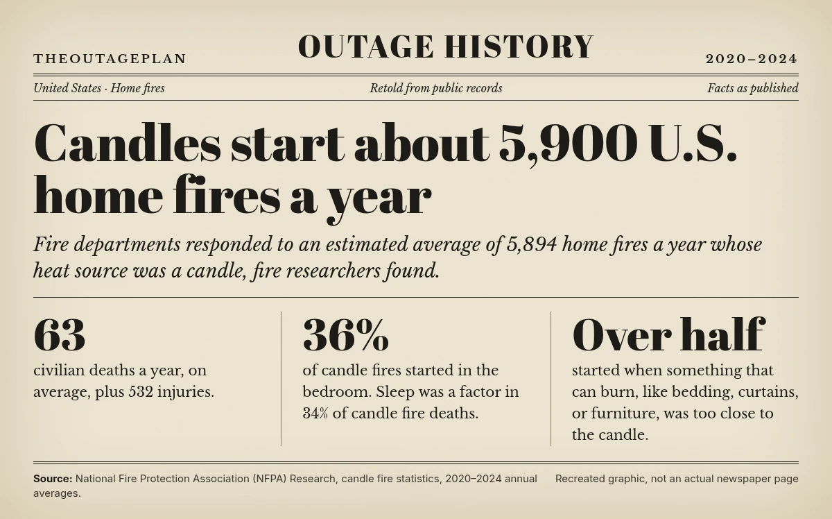 Newspaper-style graphic: candles start about 5,900 U.S. home fires a year (5,894 on average from 2020 to 2024), causing 63 civilian deaths and 532 injuries a year; 36% start in the bedroom, sleep was a factor in 34% of candle fire deaths, and over half started when something that can burn was too close to the candle