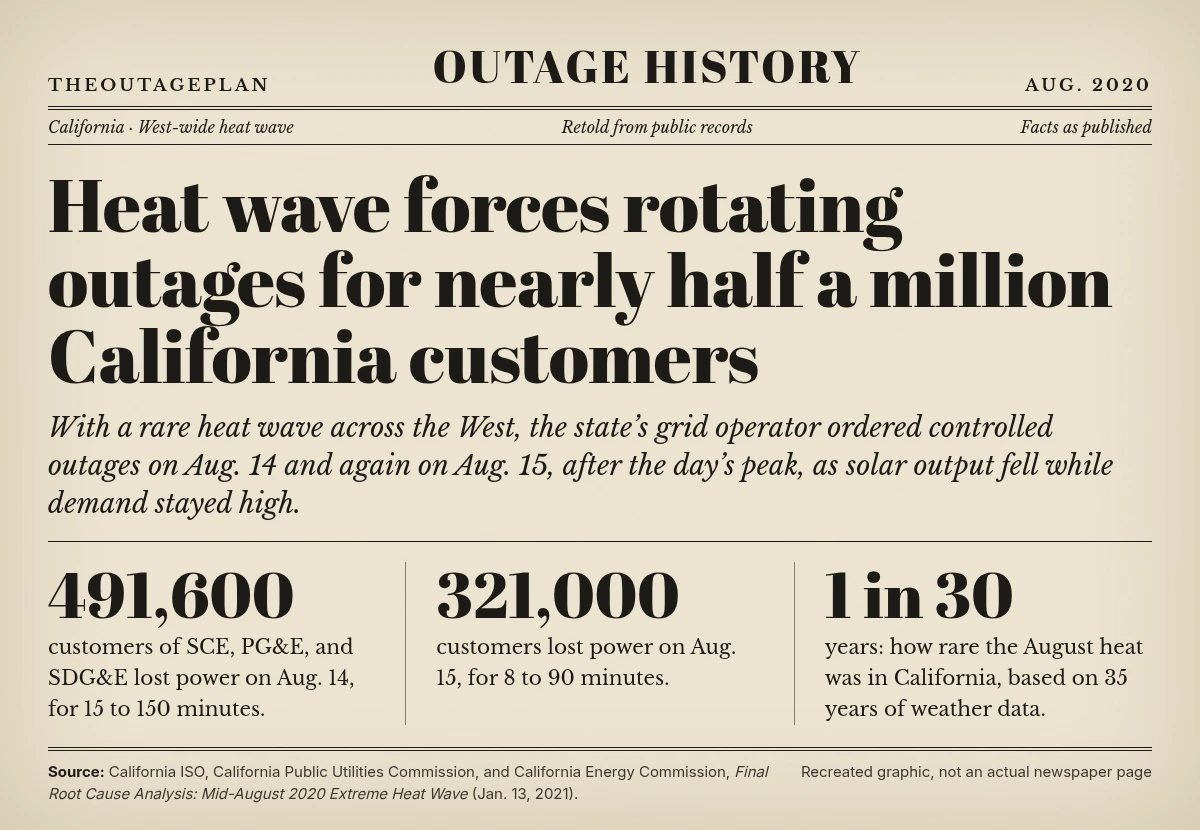 Newspaper-style graphic: an August 2020 West-wide heat wave forced rotating outages for 491,600 California utility customers on Aug. 14 and 321,000 on Aug. 15
