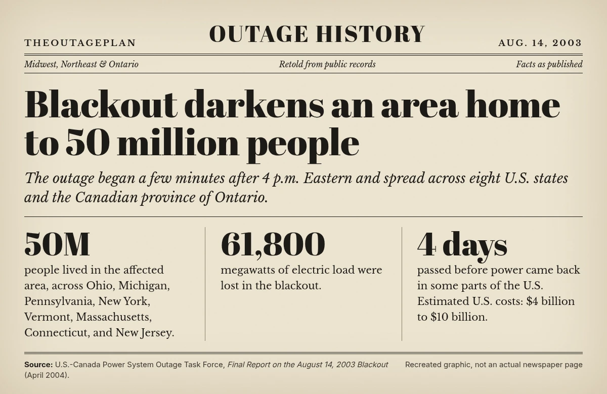 Newspaper-style graphic: August 14, 2003 blackout darkens an area home to 50 million people
