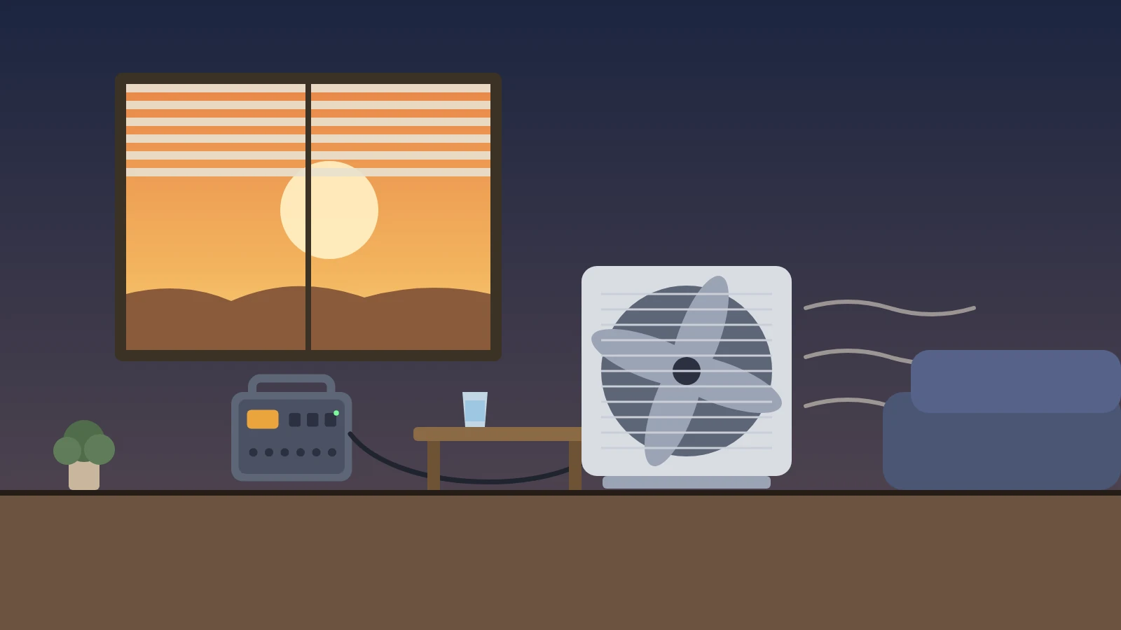 Illustration: a living room on a hot evening with the blinds half closed, a box fan running from a portable power station, a glass of water, and a sofa