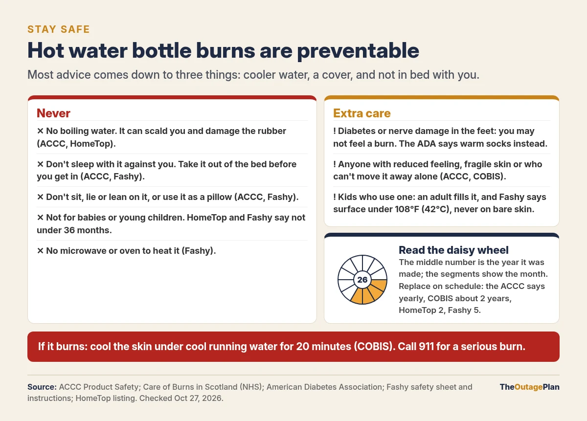 Hot water bottle safety: never use boiling water, never sleep with it against you, never sit, lie or lean on it, not for babies or children under 36 months, no microwave or oven; take extra care with diabetes or reduced feeling, where the ADA suggests warm socks instead; read the daisy wheel date mark and replace on schedule; for a burn, cool the skin under cool running water for 20 minutes and call 911 if serious