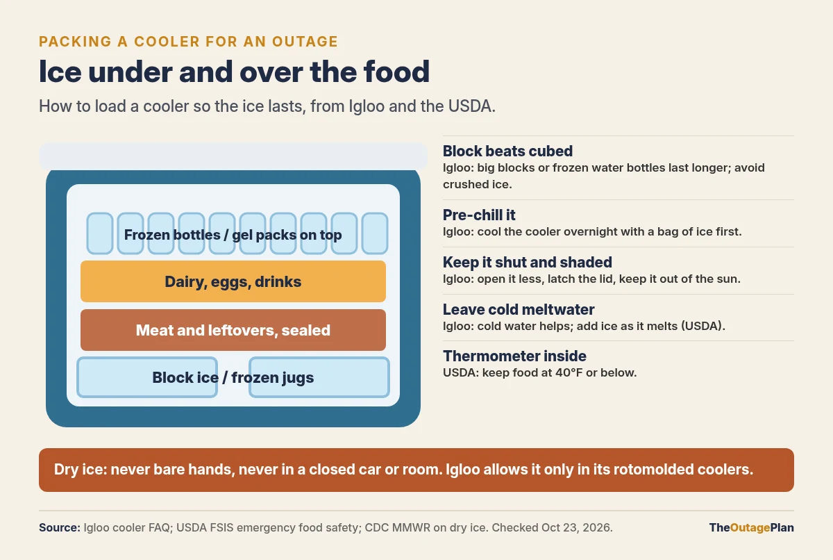 Cross-section of a cooler packed for an outage: block ice or frozen jugs on the bottom, sealed meat and leftovers above it, dairy, eggs and drinks next, frozen bottles or gel packs on top, plus Igloo's tips to use block ice, pre-chill, keep it shut and shaded, and leave cold meltwater, and a dry ice warning