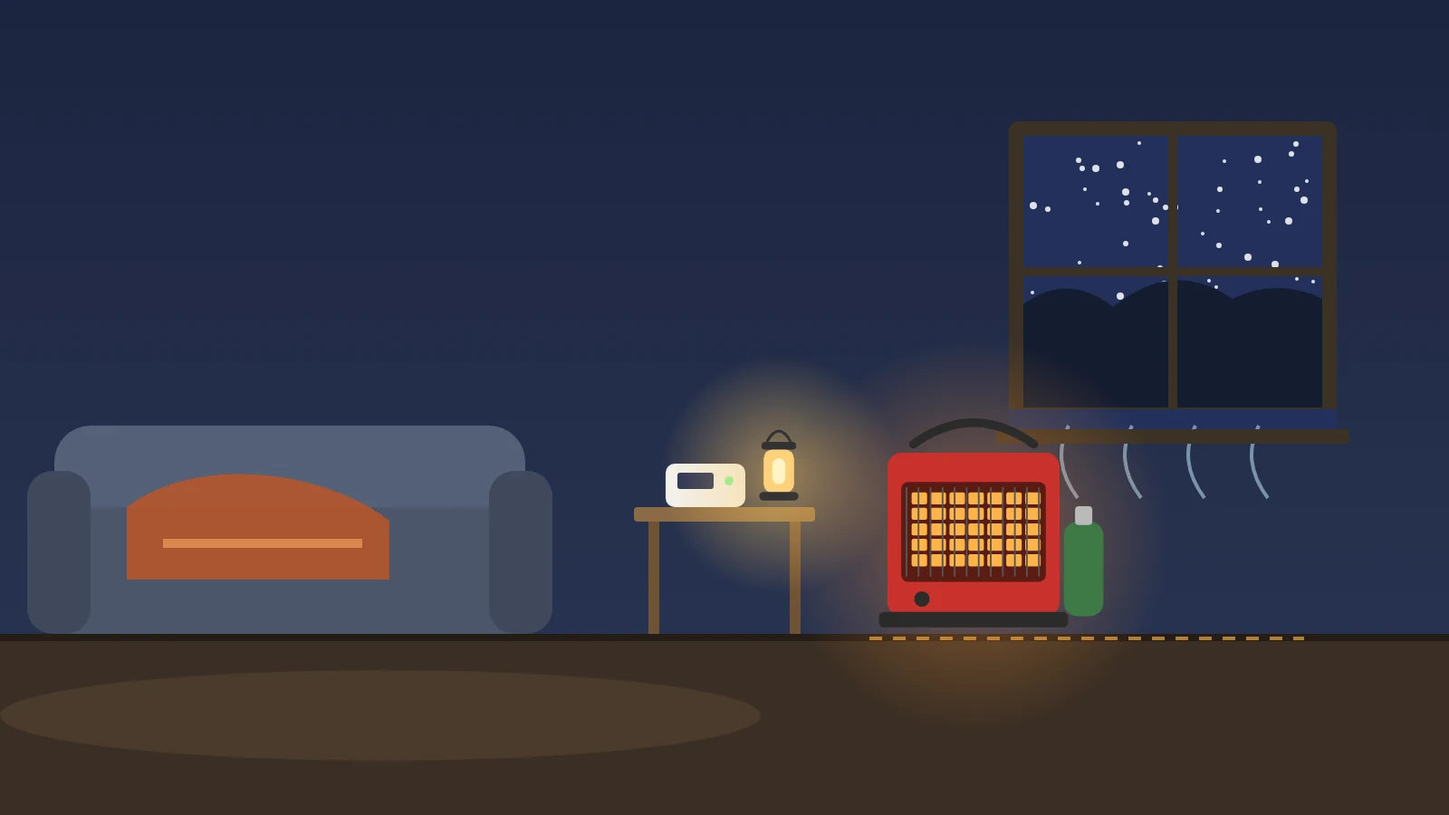 Illustration: a dark living room during a snowy winter power outage, with a small red radiant propane heater on the bare floor well away from the sofa, a window cracked open at the bottom letting in fresh air, and a battery carbon monoxide alarm and a battery lantern on a side table