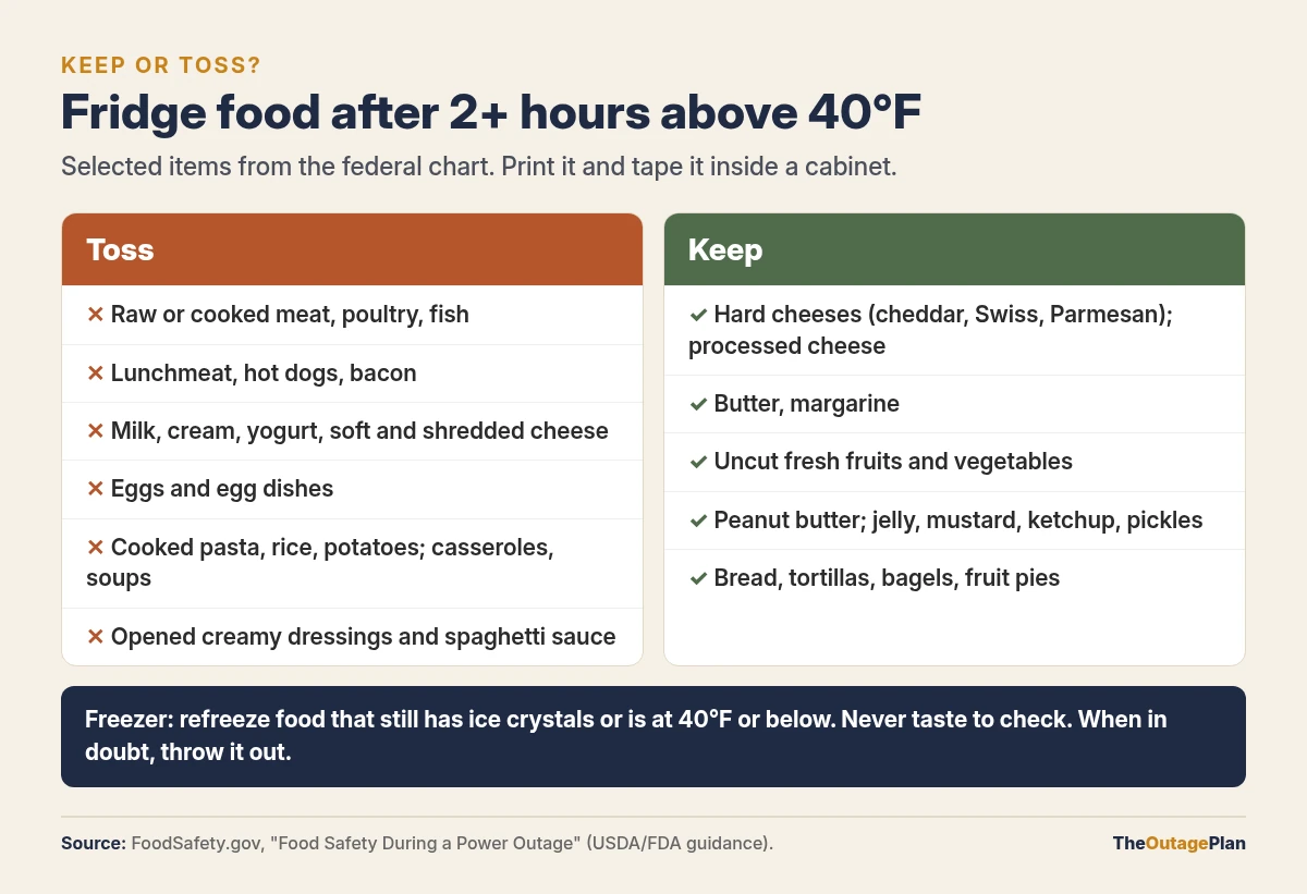 Chart of fridge food to toss or keep after more than 2 hours above 40 degrees Fahrenheit: toss meat, dairy, eggs, and cooked leftovers; keep hard cheeses, butter, uncut produce, condiments, and bread