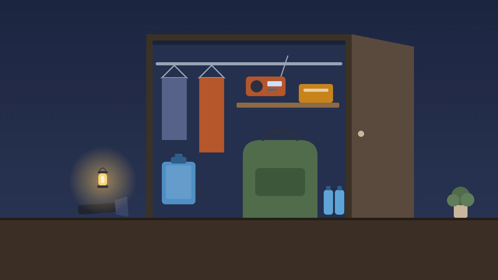 Illustration: an open hall closet with a packed backpack, a water container, an emergency radio, coats, and a flashlight and lantern on the floor