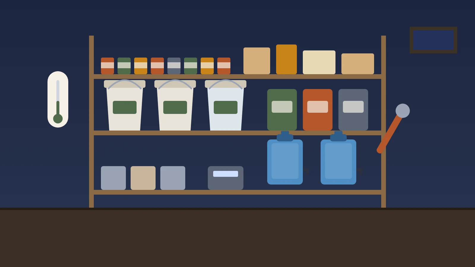 Illustration: a storage shelf stocked with canned food, freeze-dried food buckets, boxes, and water containers, with a manual can opener and a wall thermometer