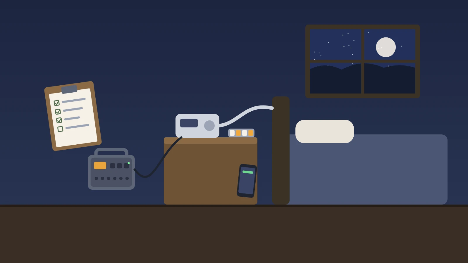Illustration: a bedroom at night with a medical device and a pill organizer on the nightstand, a portable power station on the floor, and an outage plan checklist