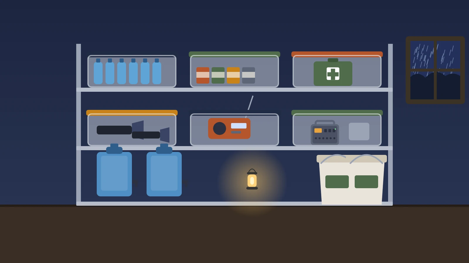Illustration: a storage shelf with six color-coded bins for water, food, first aid, flashlights, a radio, and backup power, with water containers and food buckets on the floor