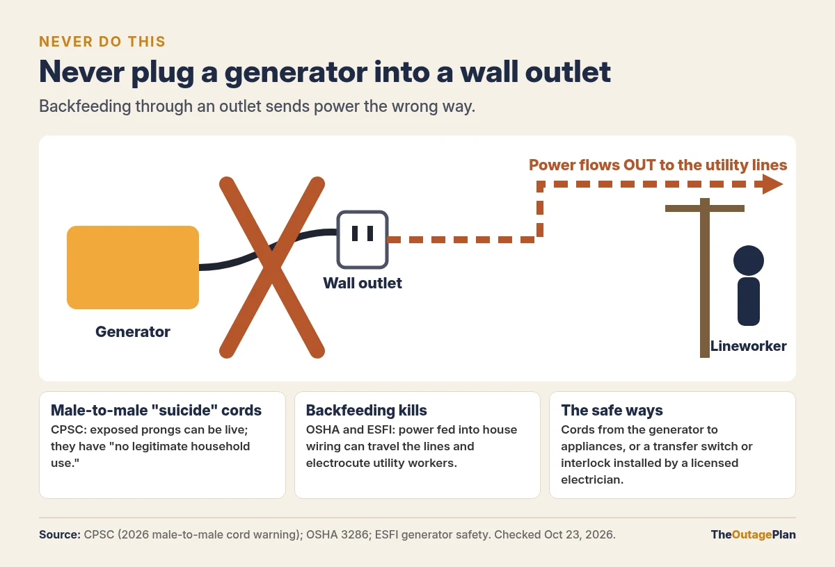 Warning graphic: a generator plugged into a wall outlet with a male-to-male cord, crossed out, sends power back out to the utility lines toward a lineworker; the CPSC says male-to-male suicide cords have no legitimate household use, OSHA and ESFI say backfeeding can electrocute utility workers, and the safe ways are cords to appliances or an electrician-installed transfer switch or interlock