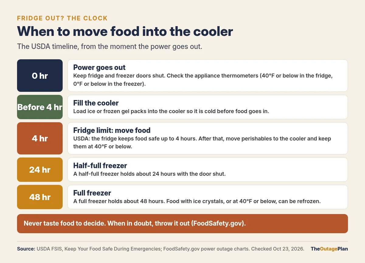 When to move food into a cooler in a power outage, per the USDA: at 0 hours keep the doors shut and check thermometers; before 4 hours load the cooler with ice; at 4 hours move perishables to the cooler and keep them at 40 degrees F or below; a half-full freezer holds about 24 hours and a full freezer about 48 hours