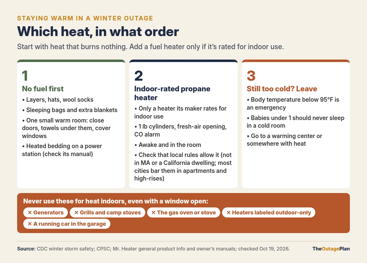 Staying warm in a winter outage, in order: first no-fuel heat such as layers, sleeping bags and one small warm room; second an indoor-rated propane heater with 1 lb cylinders, fresh air and a CO alarm where local rules allow; third, leave for a warming center if it is still too cold. Never use generators, grills, camp stoves, the gas oven, outdoor-only heaters or a running car for heat indoors