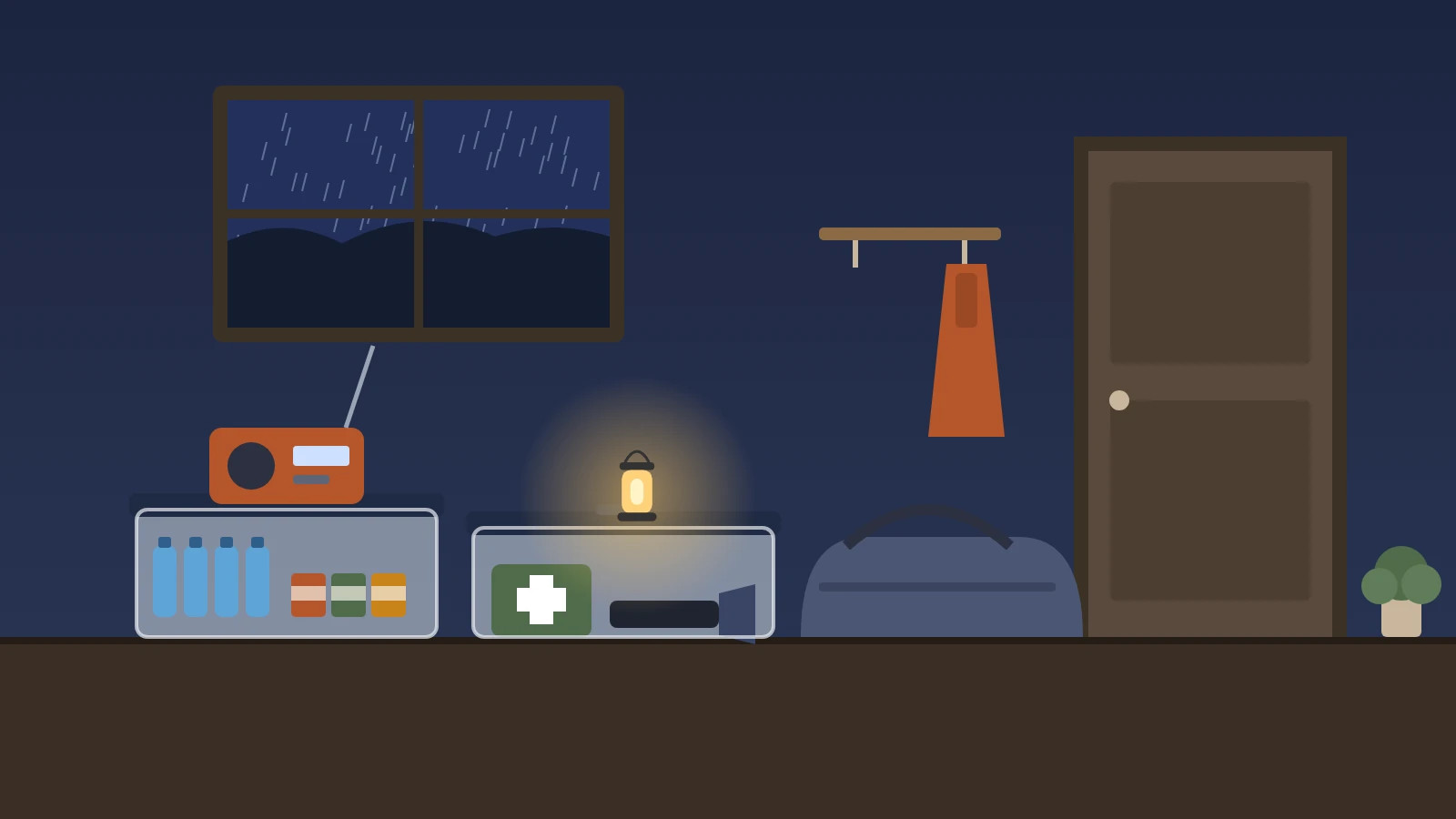 Illustration: an entryway at night during a rainstorm with a packed outage kit: a clear bin of bottled water and canned food, a crank radio, a bin with a first aid kit and flashlight, a duffel bag, and a battery lantern