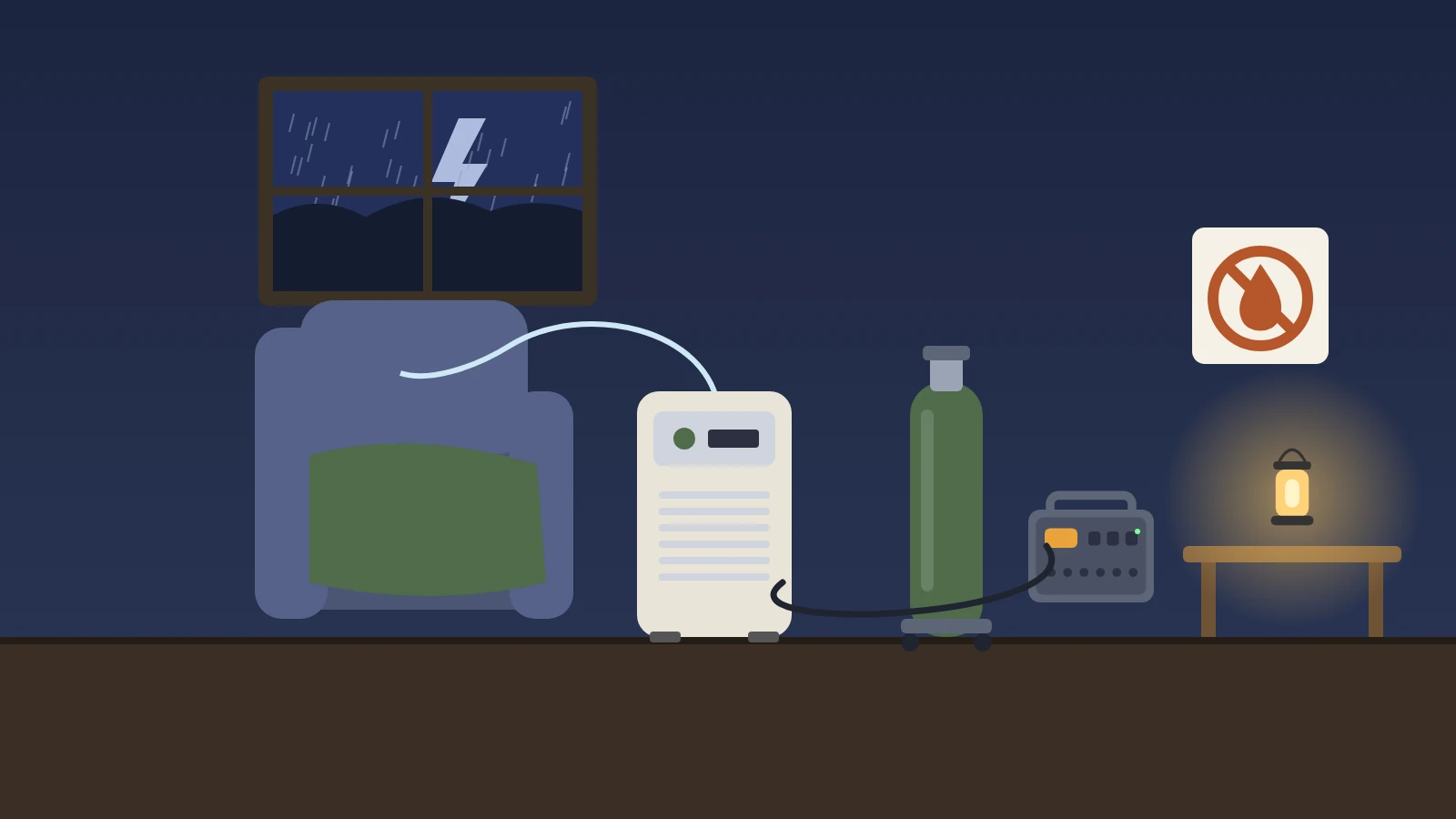Illustration: a living room during a storm with a home oxygen concentrator plugged straight into a portable power station, a backup oxygen cylinder on a cart, a no-open-flames sign, and a battery lantern instead of candles