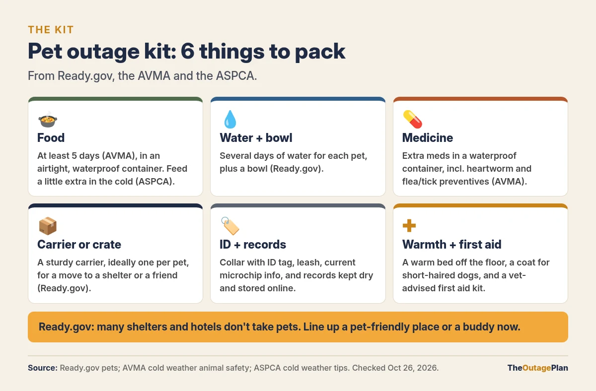 Pet outage kit checklist from Ready.gov, the AVMA and the ASPCA: at least 5 days of food in an airtight waterproof container, several days of water and a bowl, extra medicine, a sturdy carrier for each pet, ID tag, leash and records, and a warm bed, dog coat and vet-advised first aid kit