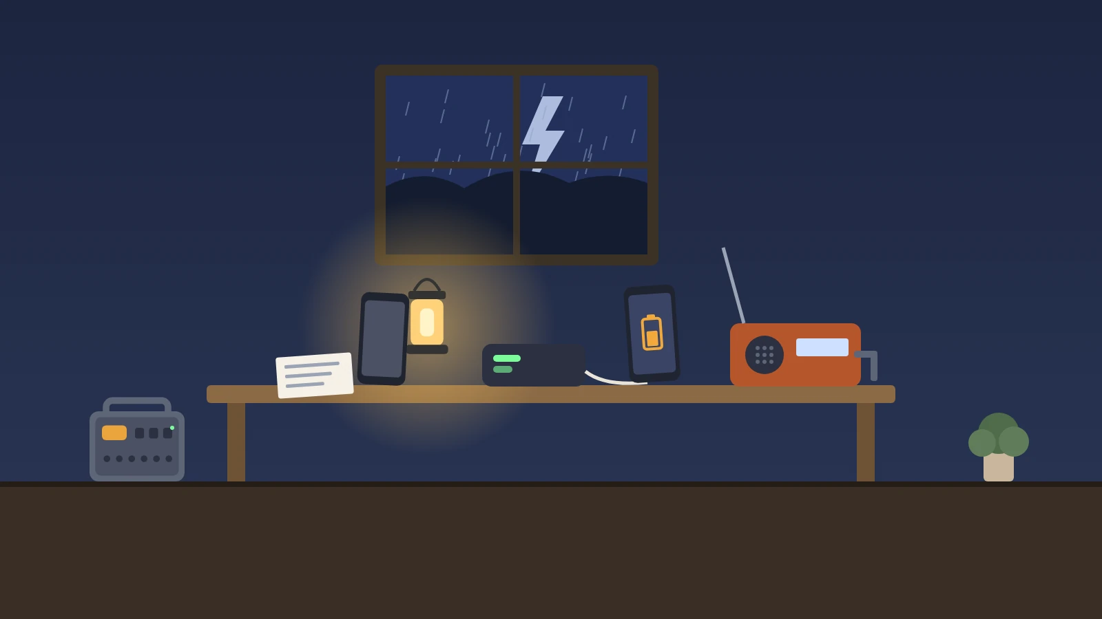 Illustration: a table at night during a storm with a phone charging from a power bank, a second phone, a crank weather radio, a paper list of key numbers, a battery lantern, and a portable power station nearby