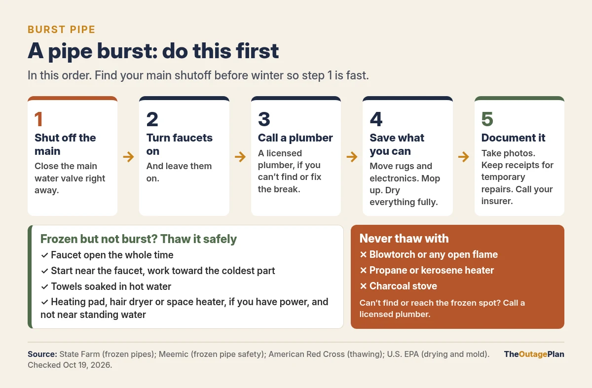 If a pipe bursts: 1 shut off the main water valve, 2 turn faucets on and leave them on, 3 call a licensed plumber, 4 move belongings, mop up and dry everything, 5 take photos, keep repair receipts and call your insurer. To thaw a frozen pipe: keep the faucet open, start near the faucet, use hot towels or, with power, a heating pad, hair dryer or space heater; never a torch, propane or kerosene heater or charcoal stove