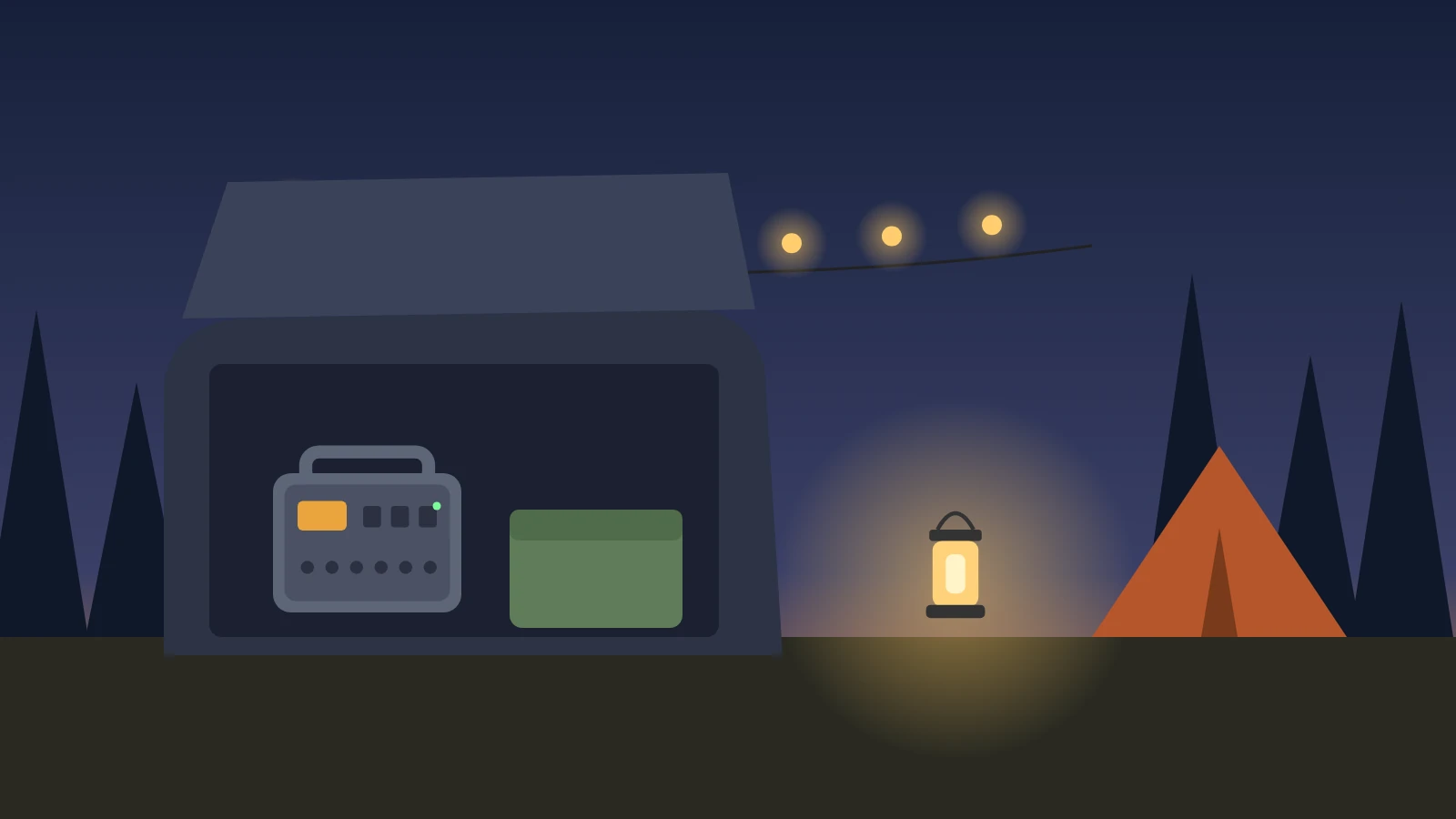Illustration: a portable power station in the back of an SUV at a campsite at dusk, powering string lights and a lantern