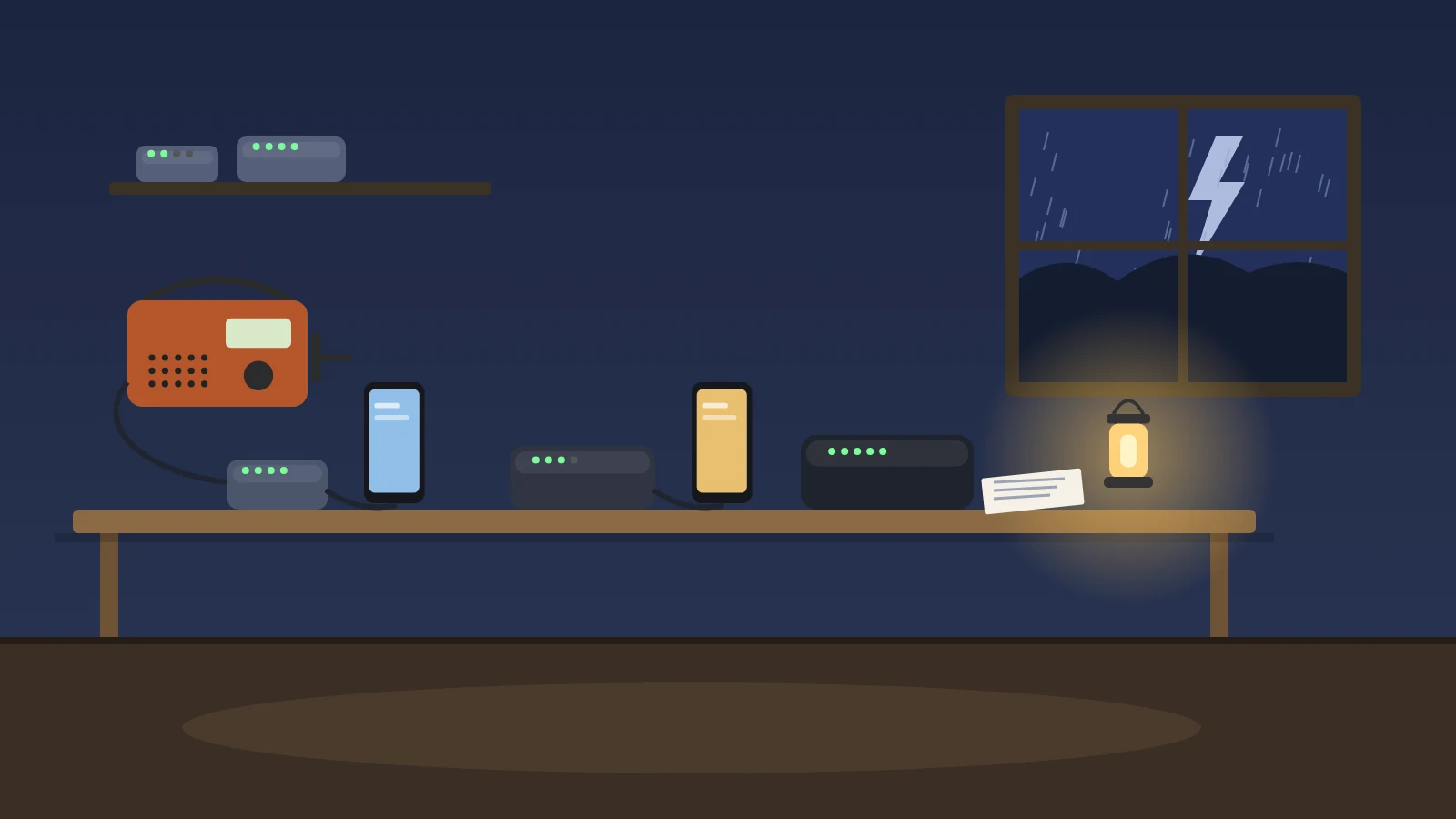 Illustration: a table at night during a thunderstorm with three power banks of different sizes charging two phones and a crank weather radio, a battery lantern glowing, a paper list of numbers, and two more charged power banks on a shelf