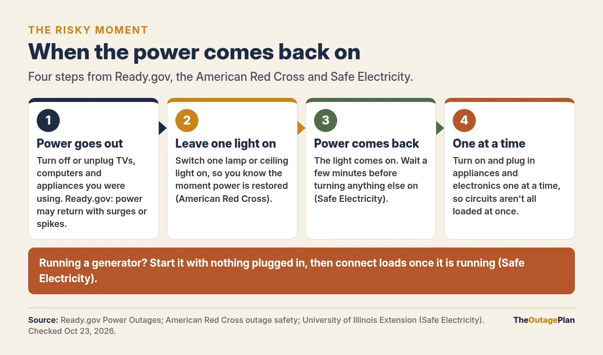 Four steps for when the power comes back on: when the power goes out, turn off or unplug TVs, computers and appliances you were using because power may return with surges or spikes; leave one light on so you know when power is restored; when it comes back, wait a few minutes; then turn on and plug in appliances one at a time. If running a generator, start it with nothing plugged in