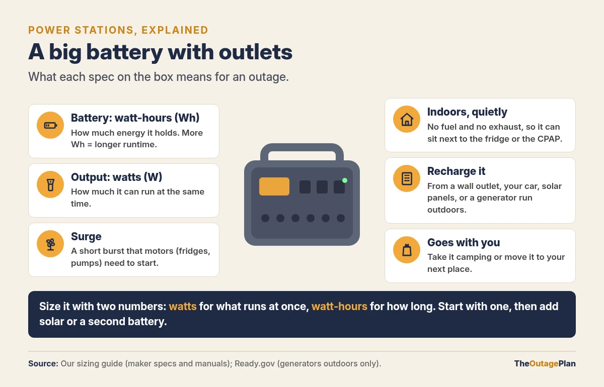 What a portable power station's specs mean: battery capacity in watt-hours is how long it runs, output in watts is what it can run at once, surge is the short burst motors need to start; it runs indoors quietly with no fuel, recharges from a wall outlet, a car, solar panels, or a generator run outdoors, and goes with you