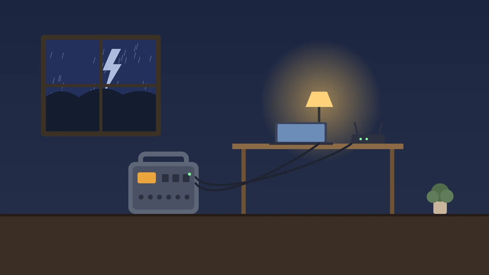 Illustration: a home office at night during a stormy power outage, with a mid-size portable power station on the floor running a Wi-Fi router and a desk lamp, a laptop open on the desk and rain and lightning outside the window