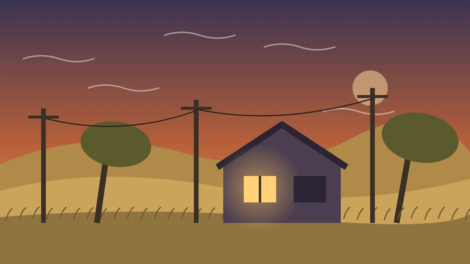 Illustration: a house on dry, windy hills at dusk with power lines overhead and one window glowing during a power shutoff