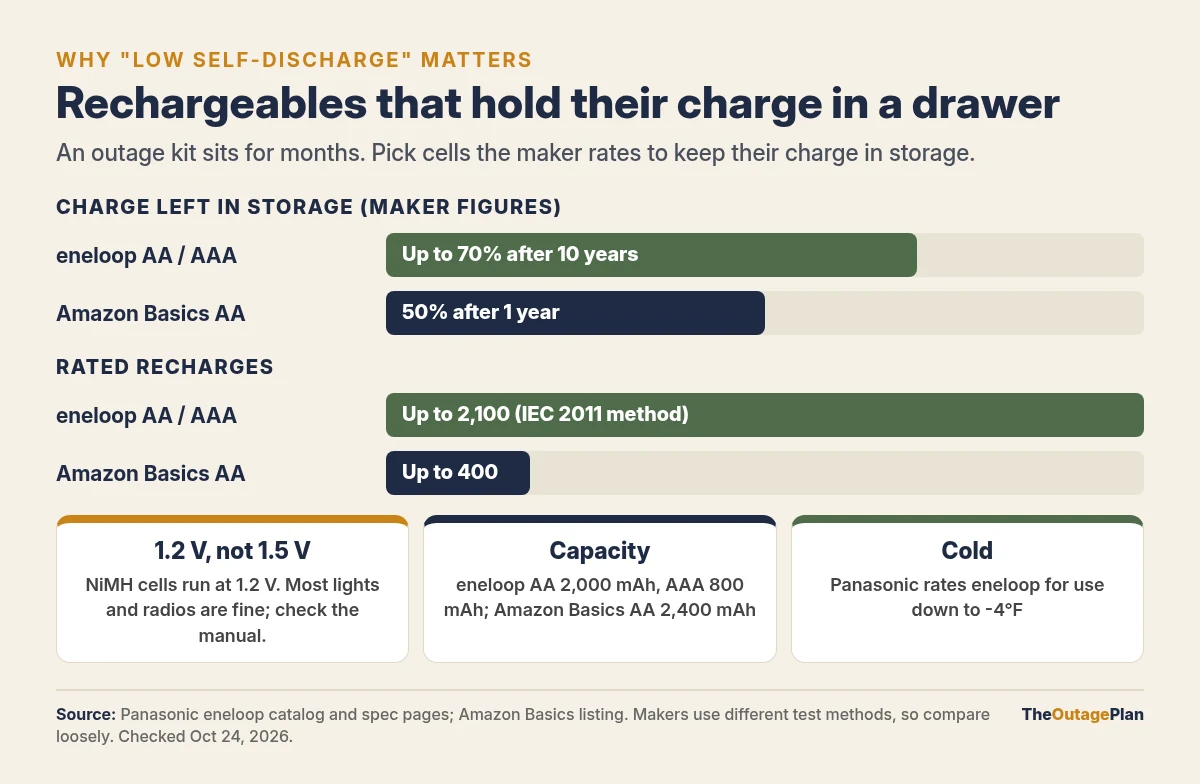 Chart of maker figures for rechargeable batteries in storage: eneloop AA and AAA keep up to 70 percent of their charge after 10 years and are rated for up to 2,100 recharges under the 2011 IEC method; Amazon Basics AA keep 50 percent after 1 year and are rated for up to 400 recharges. NiMH cells run at 1.2 volts, eneloop AA hold about 2,000 mAh and AAA about 800 mAh, Amazon Basics AA 2,400 mAh, and Panasonic rates eneloop for use down to minus 4 degrees F