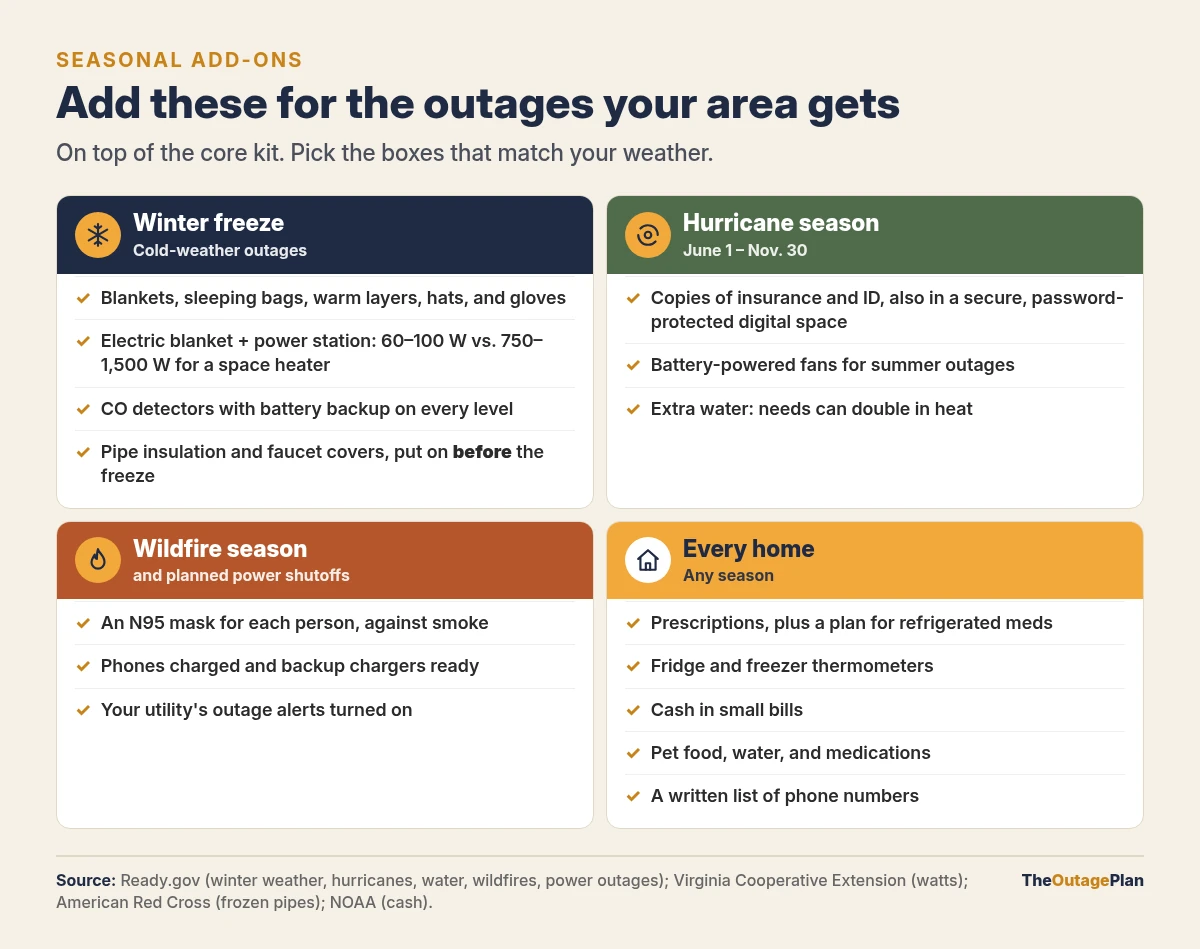 Seasonal kit add-ons in four groups. Winter freeze: blankets, sleeping bags and warm layers, an electric blanket with a power station (60 to 100 watts vs. 750 to 1,500 for a space heater), CO detectors with battery backup on every level, and pipe insulation before the freeze. Hurricane season, June 1 to Nov. 30: copies of insurance and ID, battery fans, extra water. Wildfire season and planned shutoffs: an N95 mask per person, charged phones and backup chargers, utility outage alerts. Every home: prescriptions and a plan for refrigerated meds, fridge and freezer thermometers, cash in small bills, pet supplies, and a written list of phone numbers
