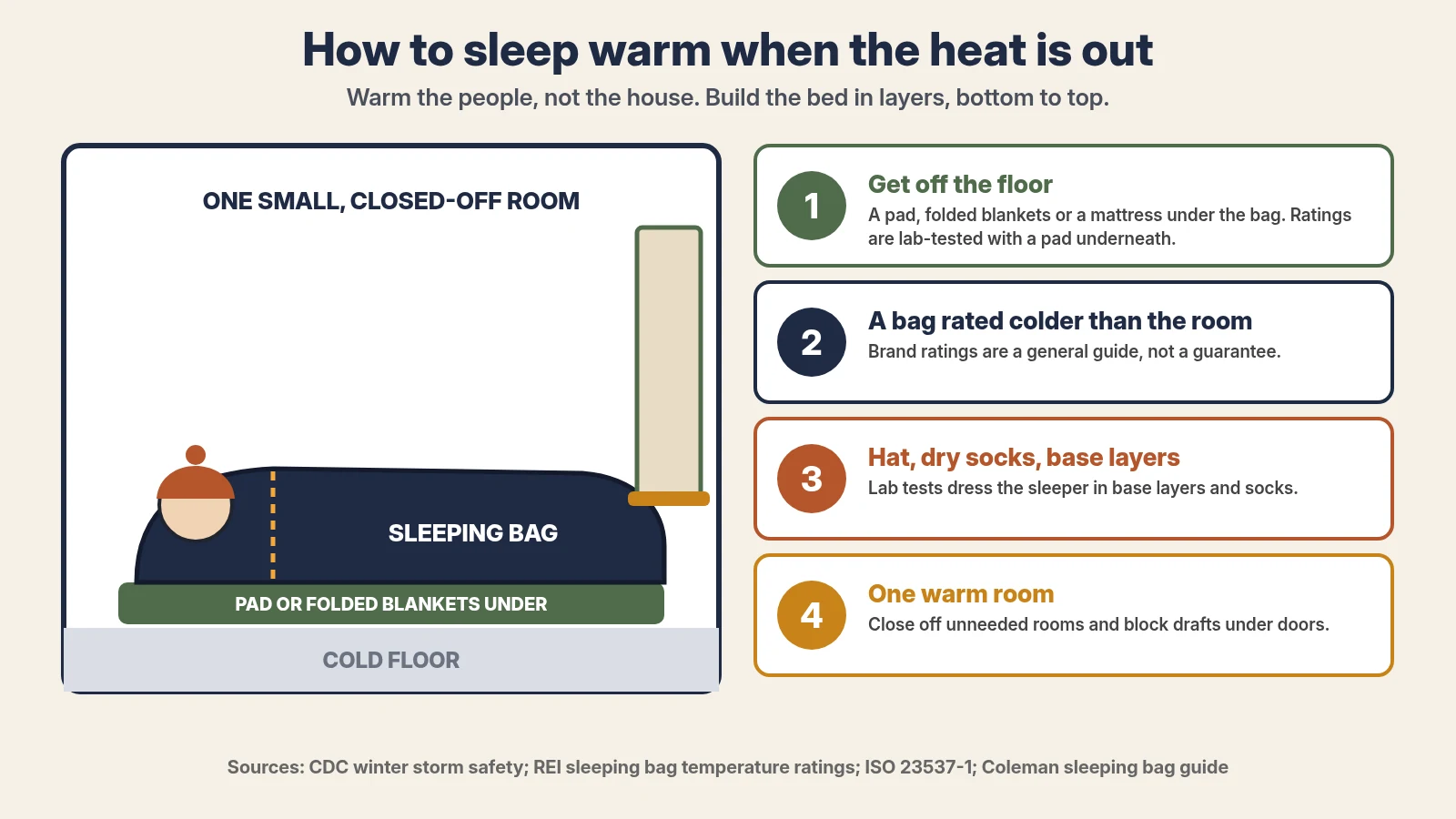 Diagram: how to sleep warm when the heat is out, built in layers from the bottom up. A sleeper in a sleeping bag with a hat on lies on a pad or folded blankets above a cold floor, in one small closed-off room with a towel under the door. Steps: 1, get off the floor with a pad, folded blankets or a mattress, since ratings are lab-tested with a pad underneath; 2, use a bag rated colder than the room, since brand ratings are a general guide, not a guarantee; 3, wear a hat, dry socks and base layers; 4, keep one warm room by closing off unneeded rooms and blocking drafts under doors. Sources: CDC, REI, ISO 23537-1 and Coleman