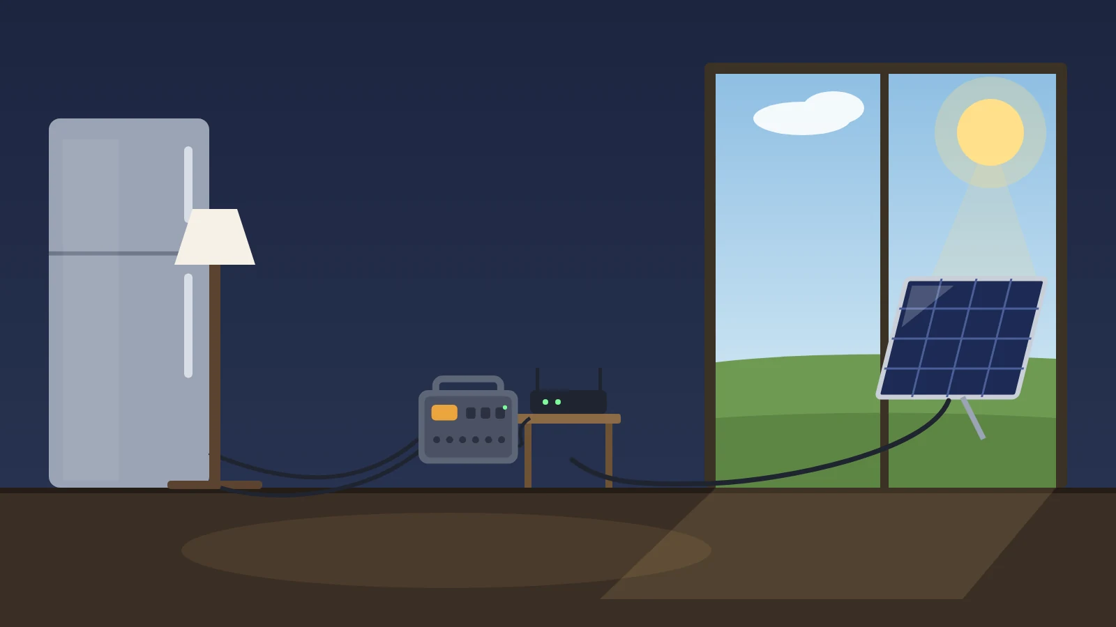 Illustration: a dim living room during a daytime power outage, with a portable power station on the floor running a Wi-Fi router, a cable running in from a folding solar panel standing in the sun on the lawn outside an open patio door, a refrigerator and a switched-off floor lamp