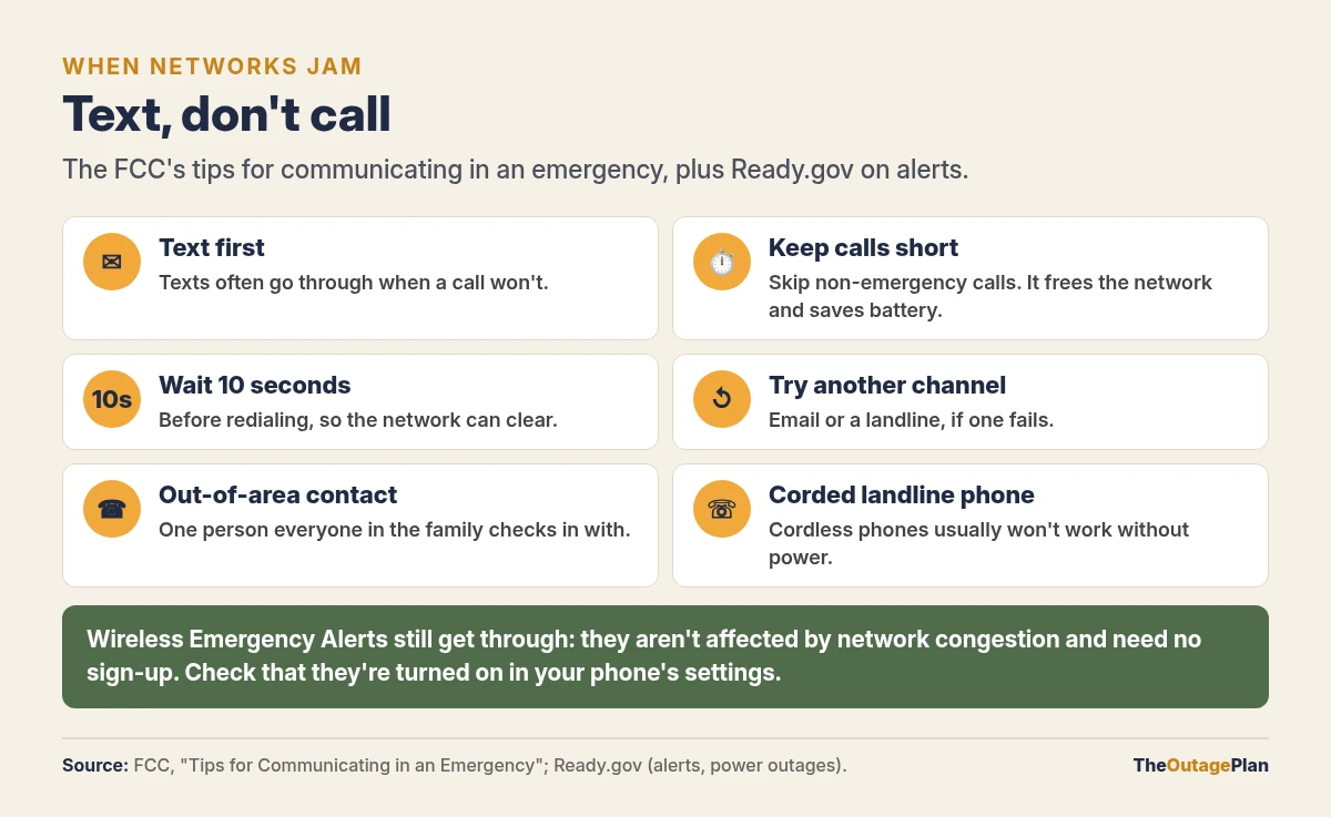 Six FCC tips for communicating in an emergency: text first, keep calls short, wait 10 seconds before redialing, try another channel, pick an out-of-area contact, and keep a corded landline phone; Wireless Emergency Alerts aren't affected by network congestion