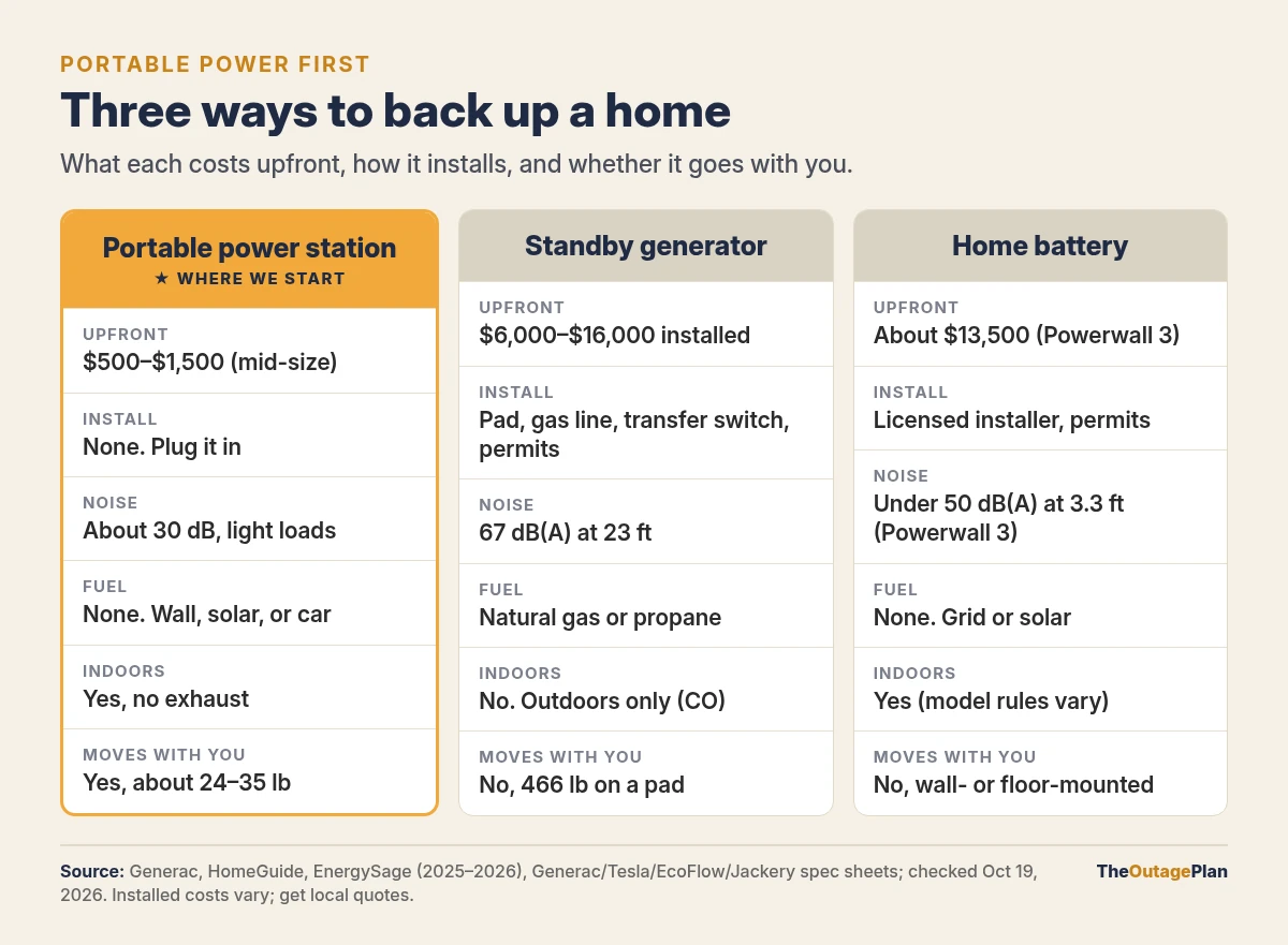 Comparison chart of a portable power station, a standby generator, and a home battery by upfront cost, install, noise, fuel, indoor use, and mobility