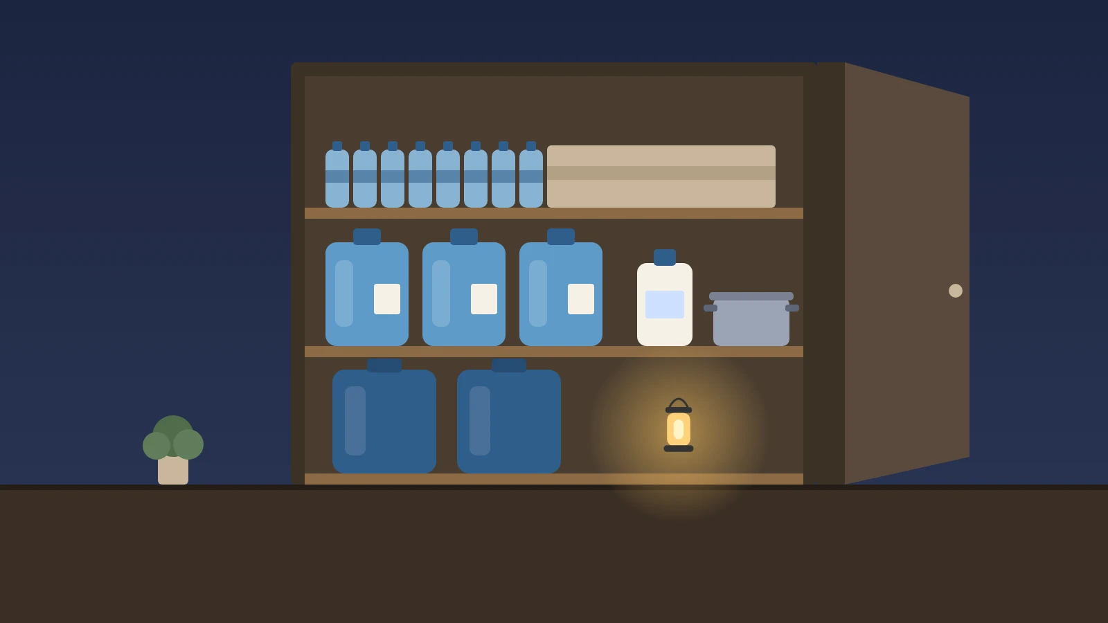 Illustration: a closet with shelves of stored water: bottled water, a sealed case, labeled refill jugs, two large containers, a bottle of unscented bleach, a cooking pot, and a battery lantern